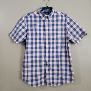 Roundtree & Yorke Mens Shirt Size M Peach Blue Checked Short Sleeve Button Down